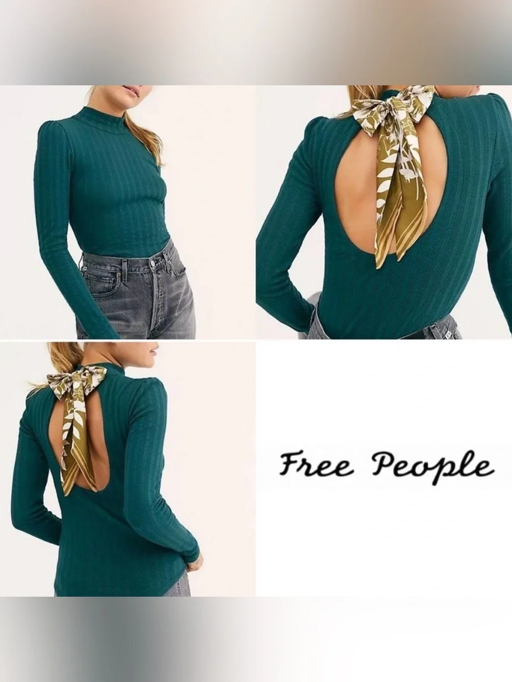 Free People Dream Lagoon Teal Ribbed Long-Sleeve Open-Back Top (Box H)